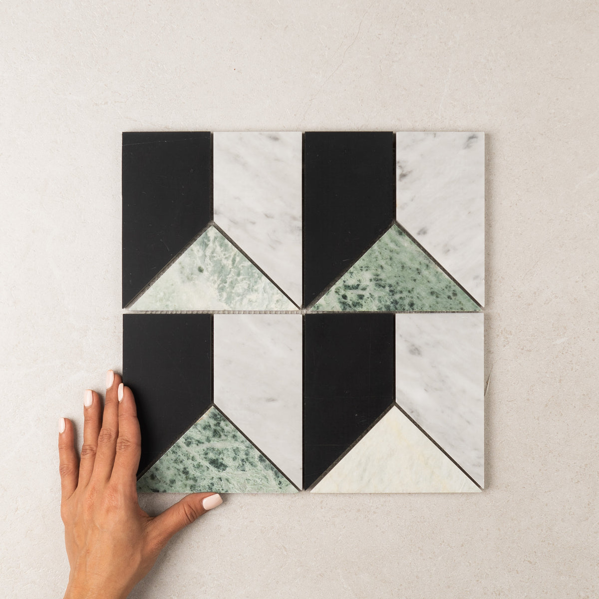 Art Deco Marble Mosaic Series in Mint ( Sage Green ) & Rosa, Honed finish