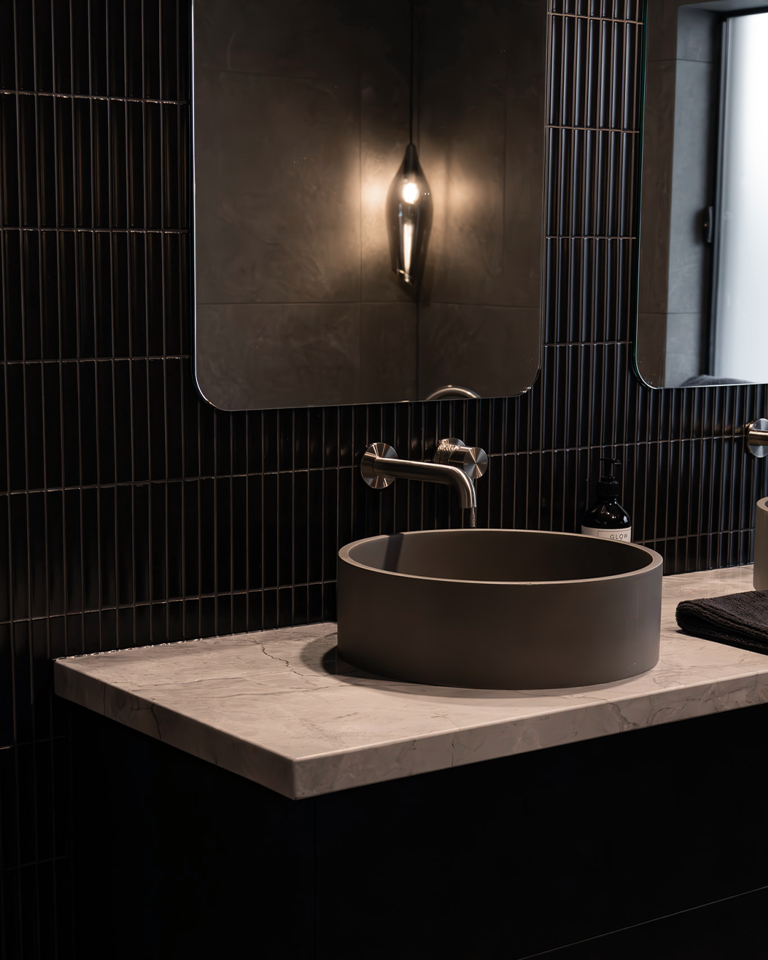 Nood Co Hoop Concrete Basin in Mid Tone Grey, installed in a finished bathroom