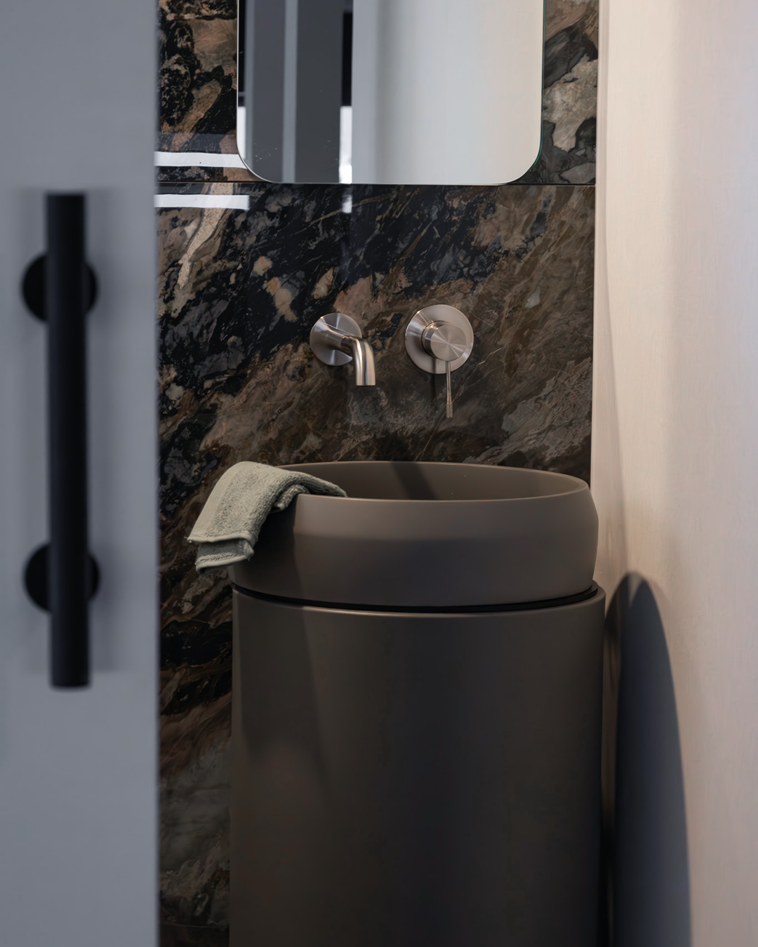 Nood Co Cylinder Prism Circle Concrete Basin installed in a finished bathroom (2)