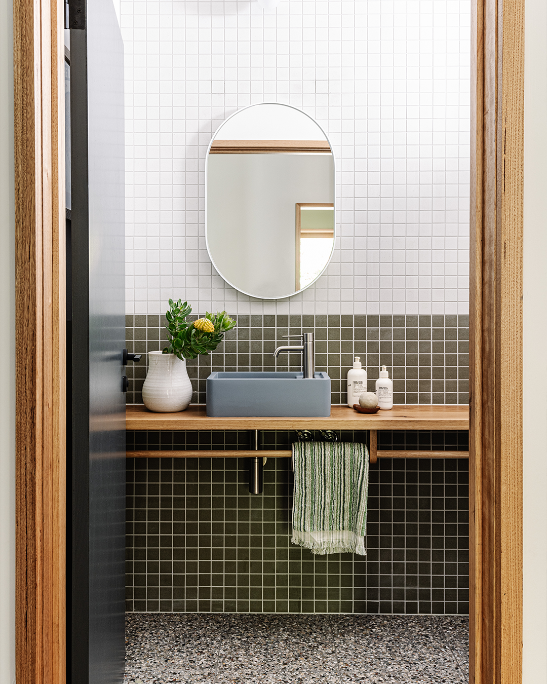 Nood Co Shelf 01 Concrete Basin in Powder Blue, installed in a finished bathroom