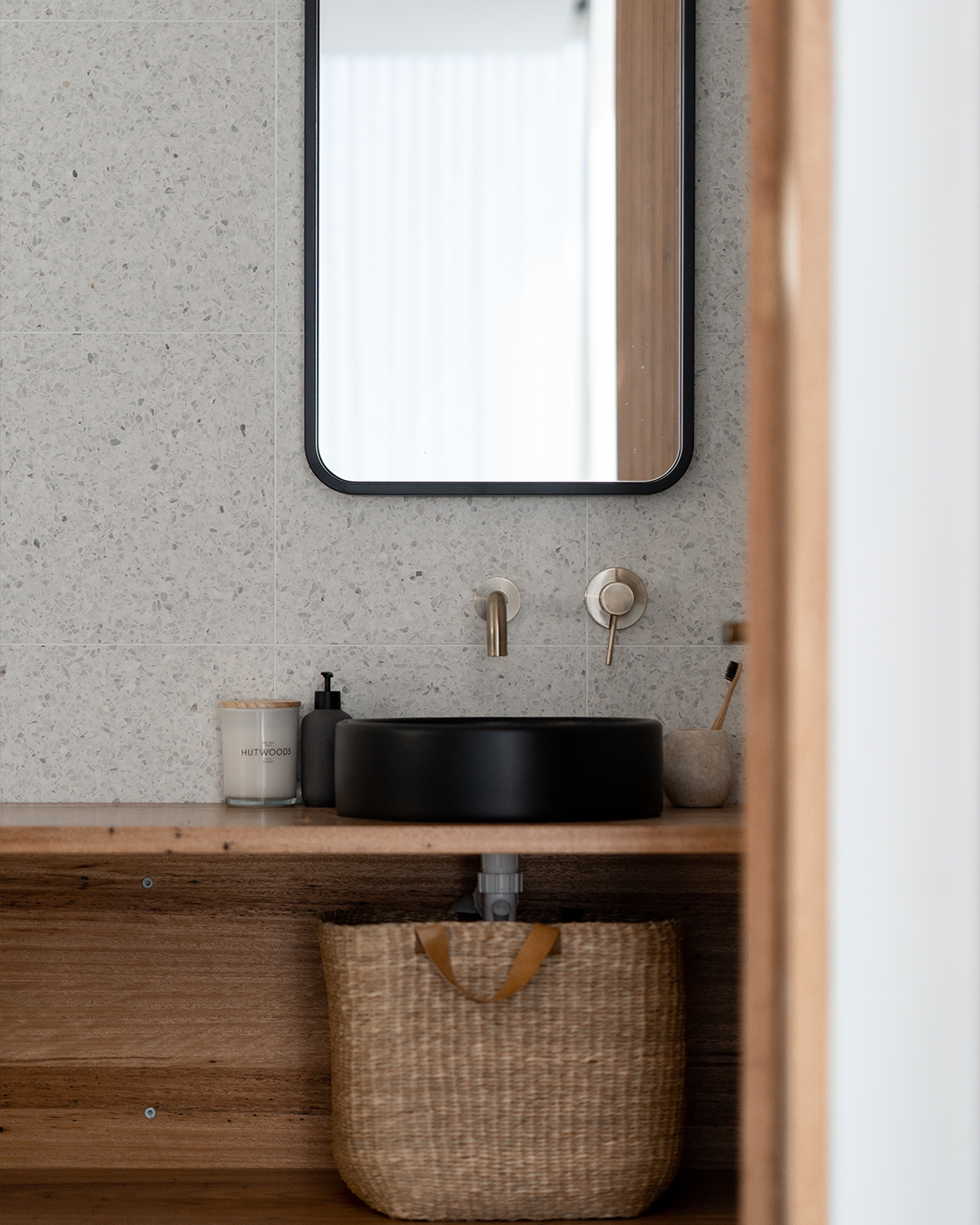 Nood Co Bowl Concrete Basin, installed in a finished bathroom