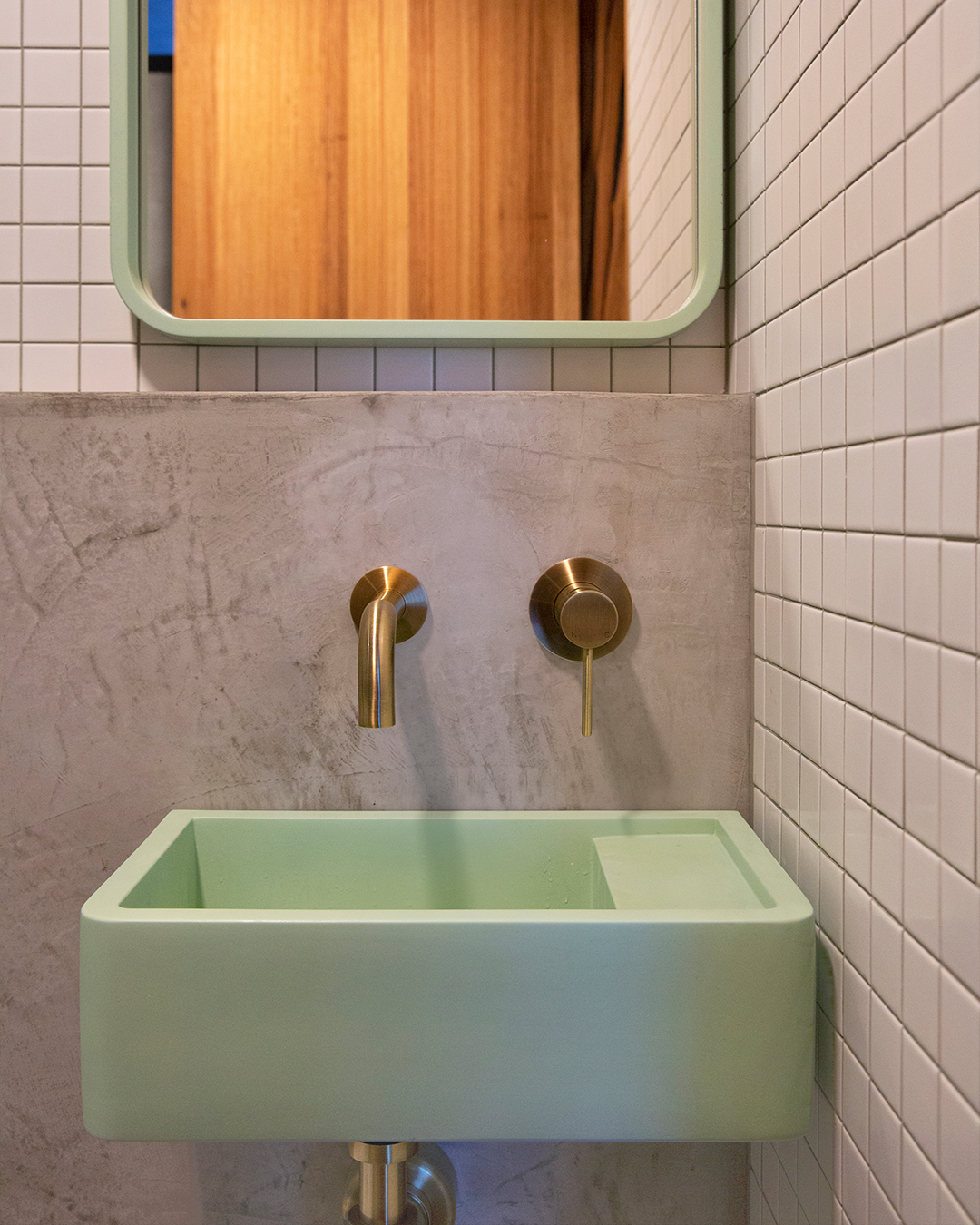 Nood Co Shelf 01 Concrete Basin in Mint, installed in a finished bathroom (2)
