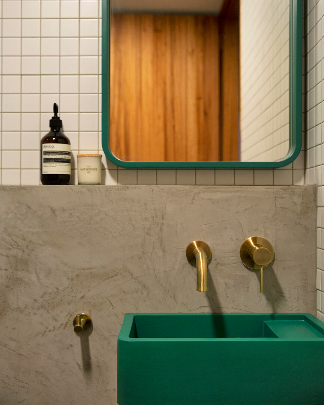 Nood Co Shelf 01 Concrete Basin in Teal, installed in a finished bathroom