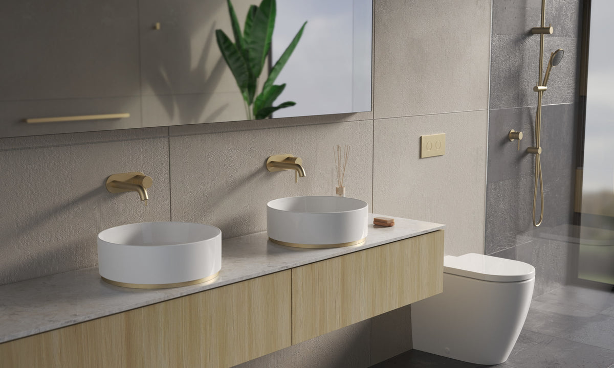 Liano II 175mm Wall Basin/Bath Mixer - Rounded Cover Plate in Brushed Brass | Caroma