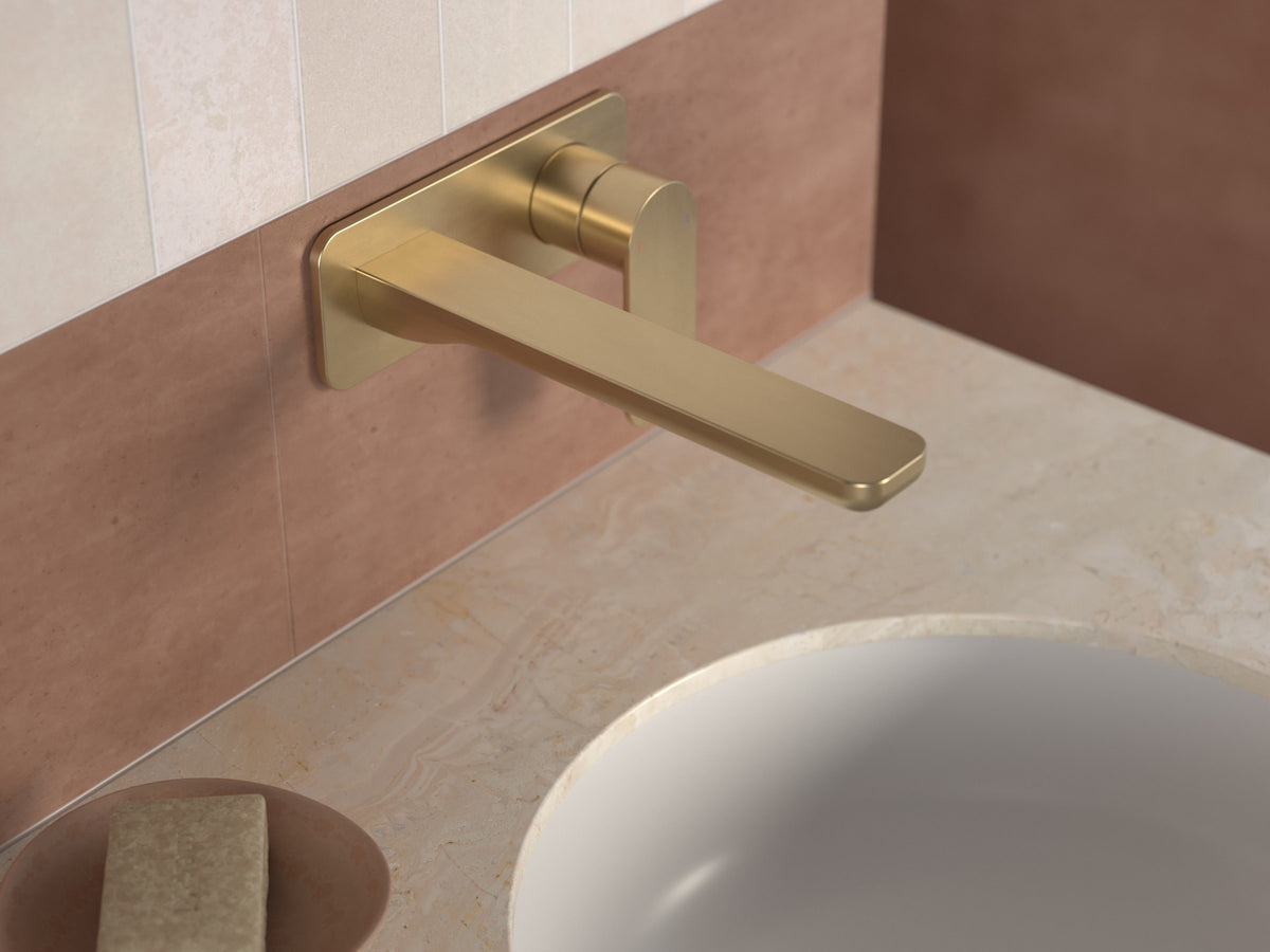 Urbane II 180mm Wall Basin/Bath Mixer - Rectangular Cover Plate in Brushed Brass | Caroma
