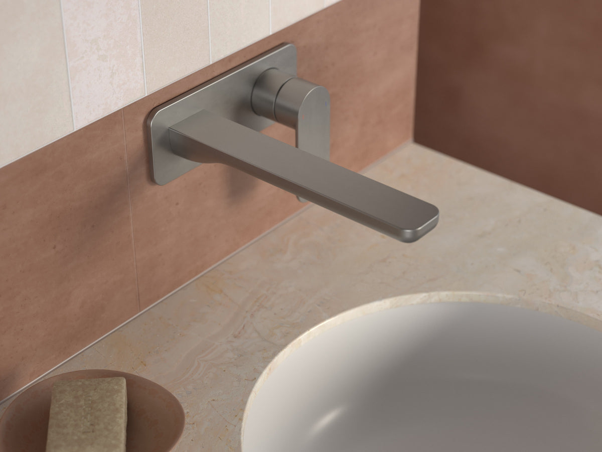 Urbane II 180mm Wall Basin/Bath Mixer - Rectangular Cover Plate in Brushed Nickel | Caroma