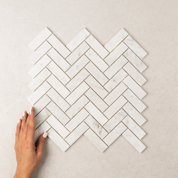Carrara Herringbone Marble Mosaic | Tumbled & Honed Natural Stone