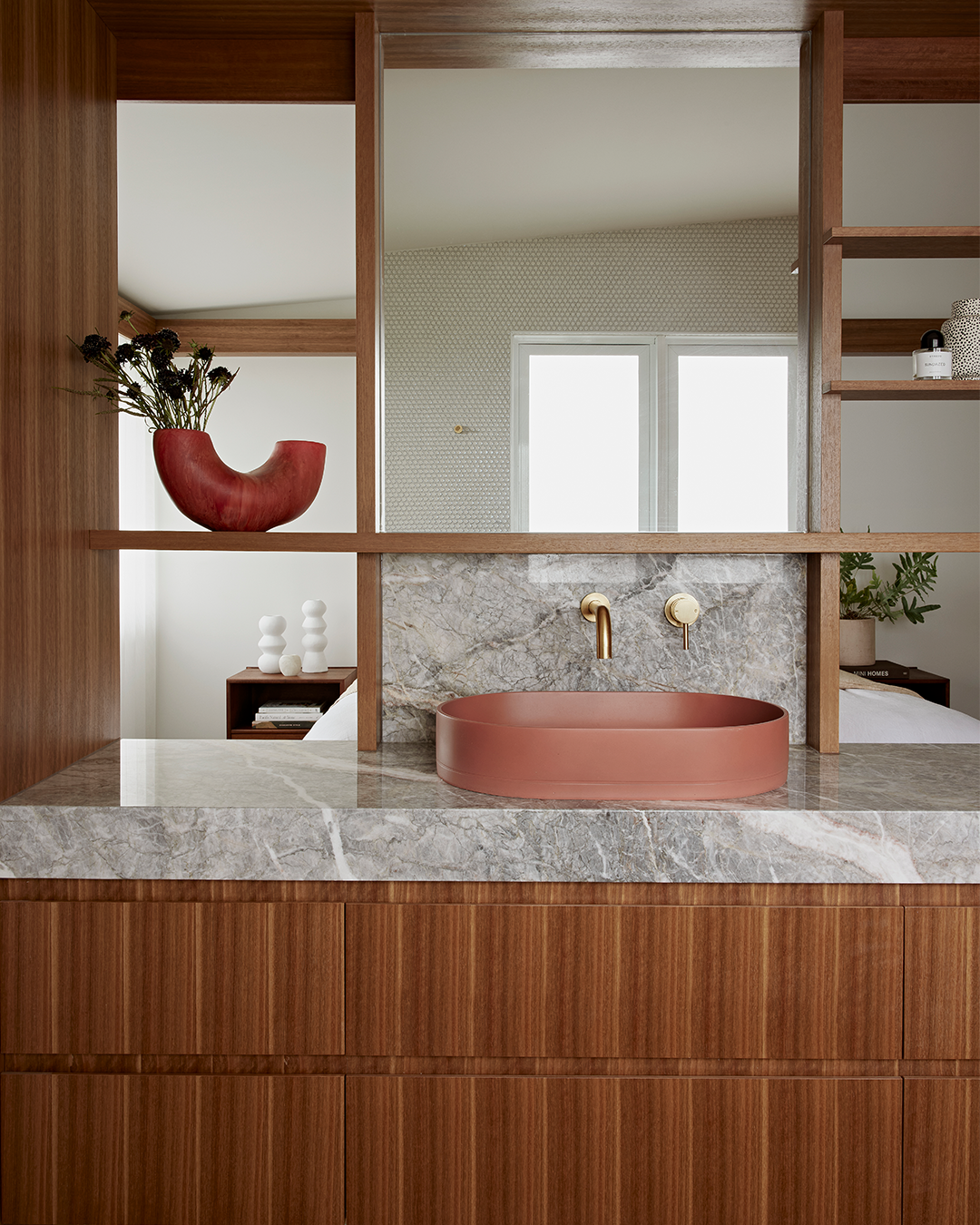 Nood Co Pill Concrete Basin in Musk, installed in a finished bathroom