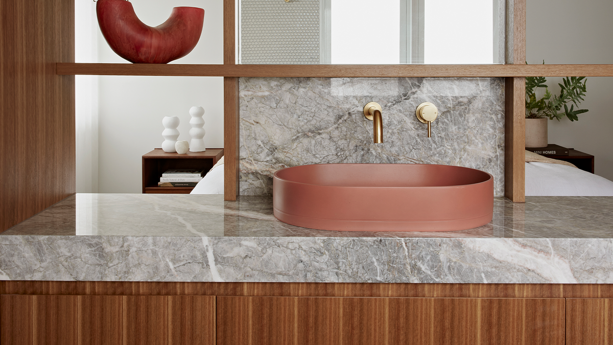 Nood Co Pill Concrete Basin in Musk, installed in a finished bathroom