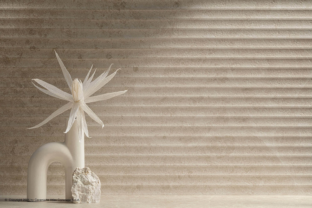 Atlas Concorde Nyra Saddle Hay stone-effect porcelain in a contemporary interior