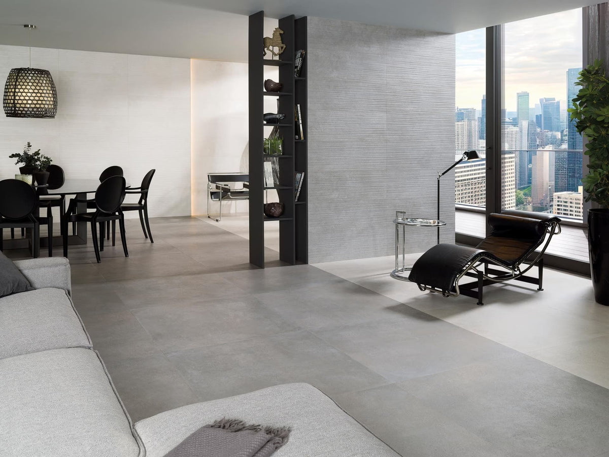 Porcelanosa Limit concrete-effect ceramic tile in a contemporary interior