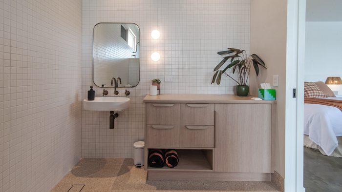 Nood Co Shelf Oval Concrete Basin, installed in a finished bathroom