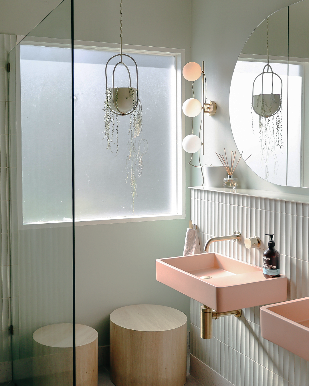 Nood Co Shelf 03 Concrete Basin in Blush Pink, installed in a finished bathroom (2)