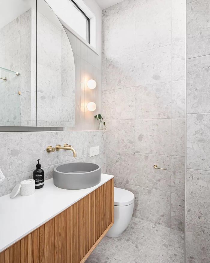 Nood Co Hoop Concrete Basin, installed in a finished bathroom