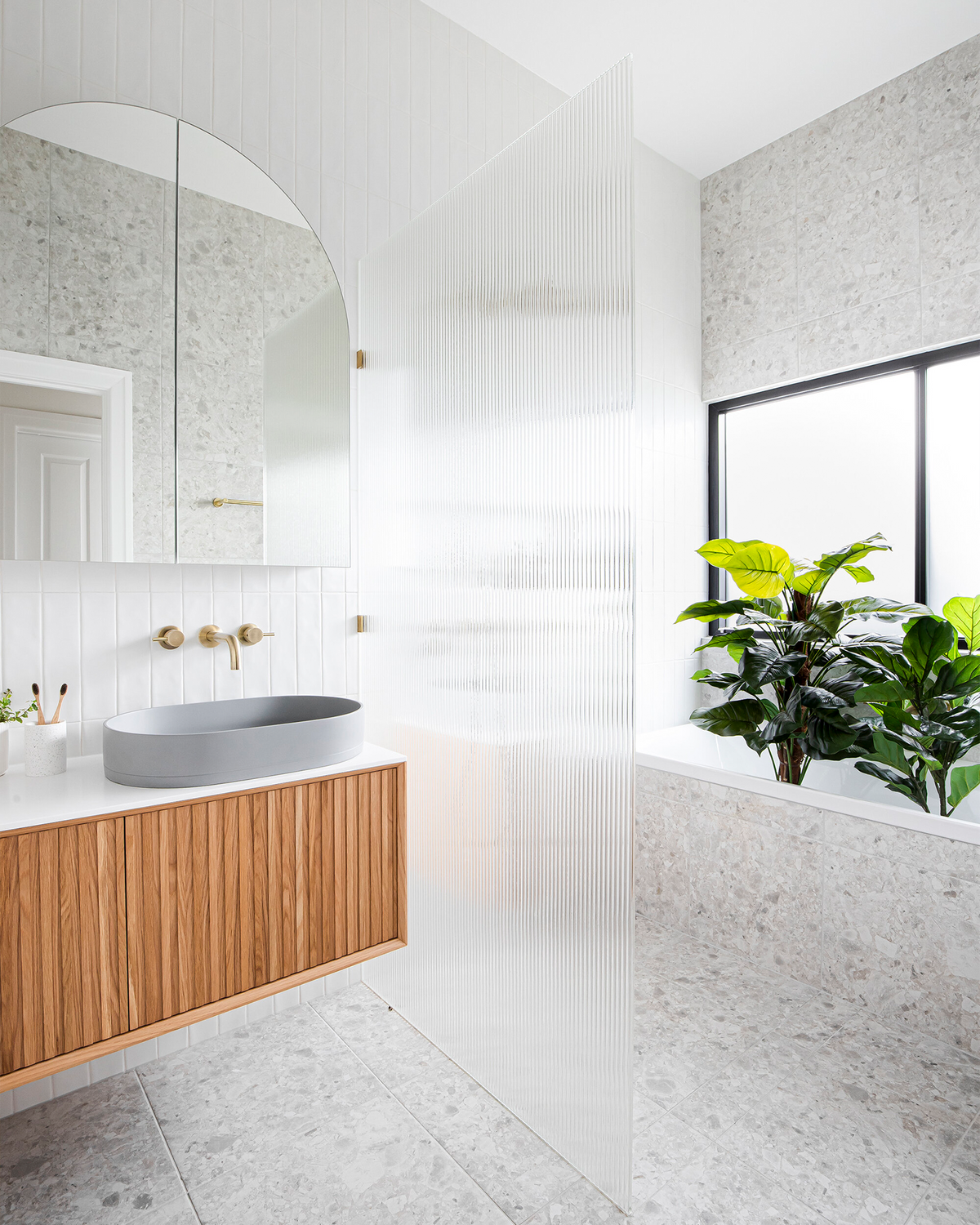 Nood Co Pill Concrete Basin in Sky Grey, installed in a finished bathroom (2)