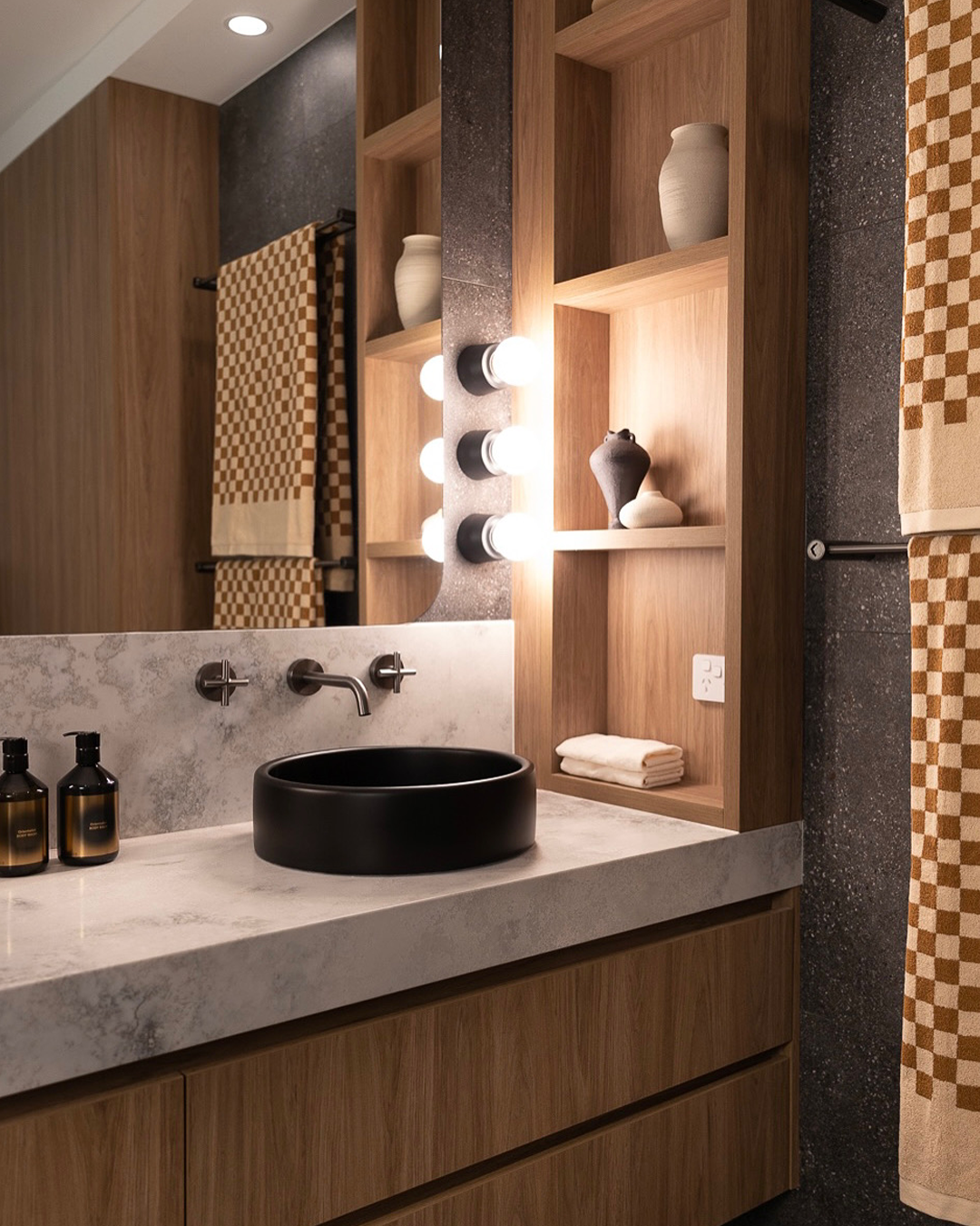 Nood Co Bowl Concrete Basin in Charcoal, installed in a finished bathroom (3)