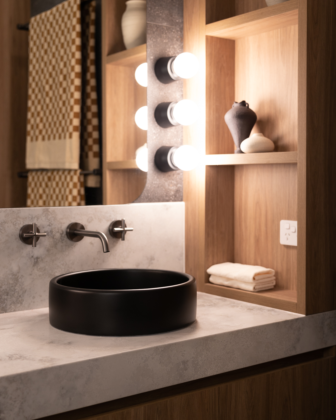Nood Co Bowl Concrete Basin in Charcoal, installed in a finished bathroom (5)