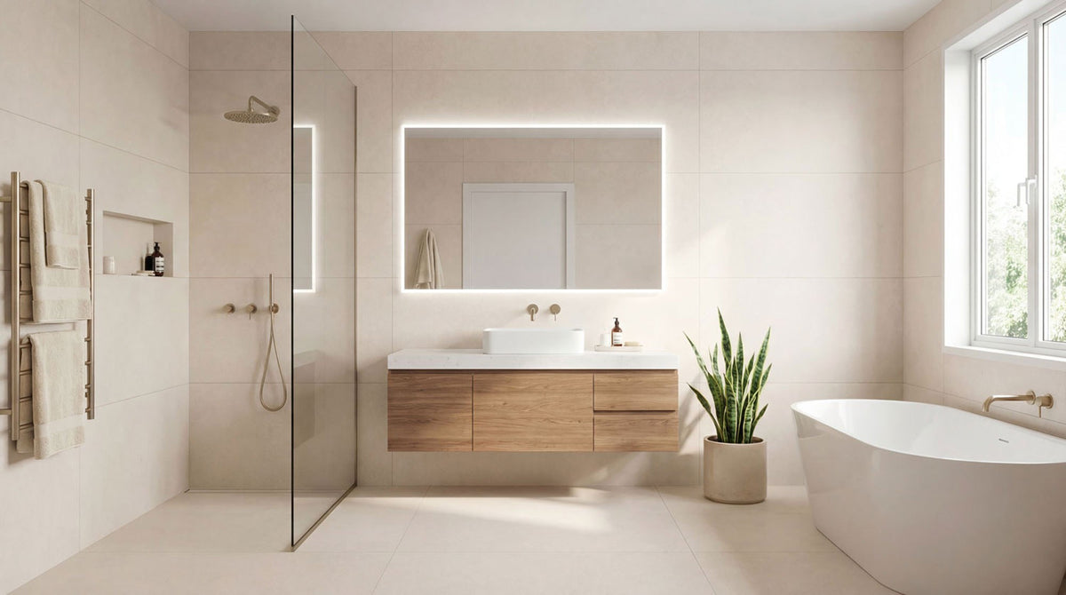 Gravita Lab Mud porcelain tile bathroom setting