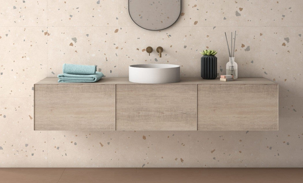 Gravita Lab Terra floor with Deco Light walls, bathroom setting