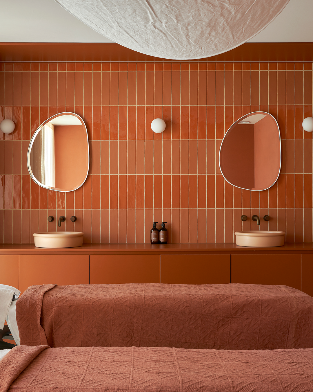 Nood Co Tubb Concrete Basin in Pastel Peach, installed in a finished bathroom (2)