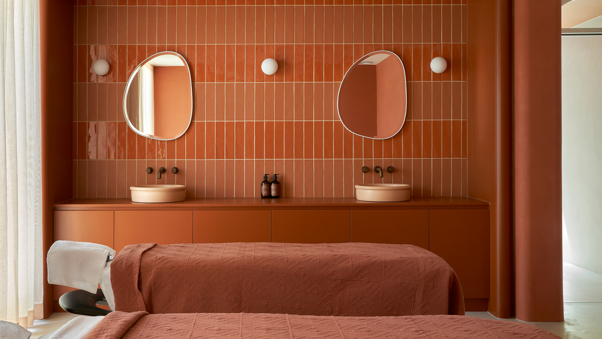 Nood Co Tubb Concrete Basin in Pastel Peach, installed in a finished bathroom