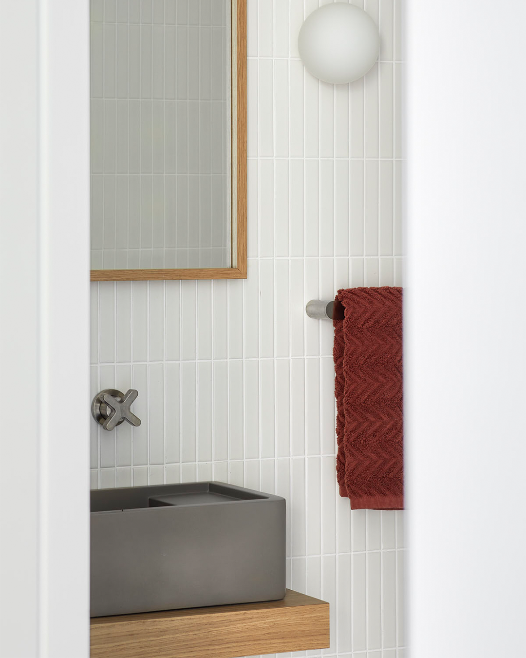 Nood Co Shelf 01 Concrete Basin in Mid Tone Grey, installed in a finished bathroom