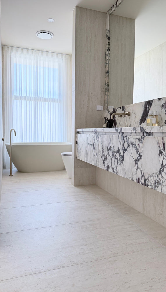 Marvel Travertine Look Porcelain Tile Vein Cut in Pearl, Sand & White, Grip & Matt finish