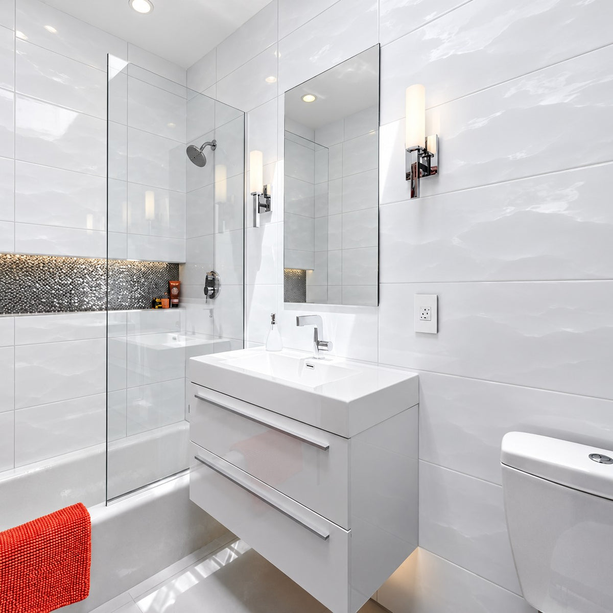 Surf Wave White Wall Tile 300x600 | Gloss & Satin Finish in Gloss - bathroom and shower walls with a floating white vanity