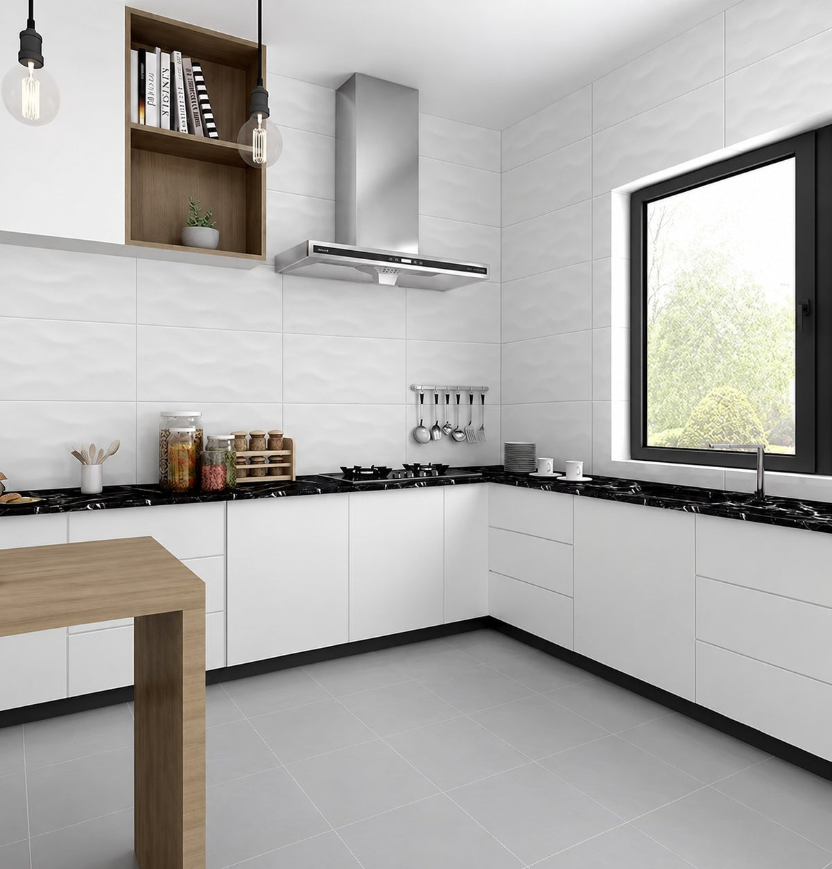 Surf Wave White Wall Tile 300x600 | Gloss & Satin Finish in Satin - kitchen walls and splashback behind white cabinetry