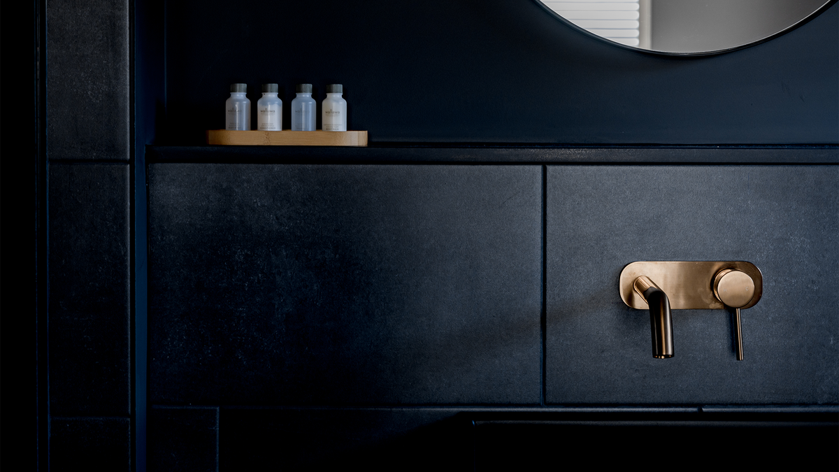 Nood Co Box Concrete Basin in Charcoal, installed in a finished bathroom (4)