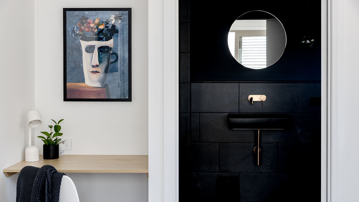 Nood Co Box Concrete Basin in Charcoal, installed in a finished bathroom (5)