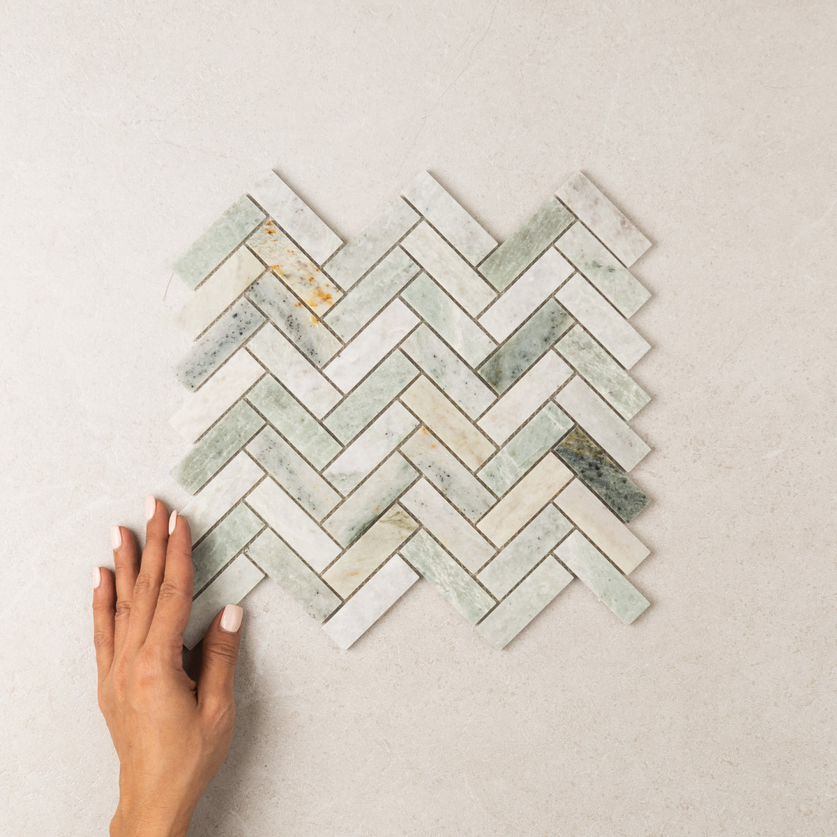 Herringbone Mint Mosaic – Honed finish
