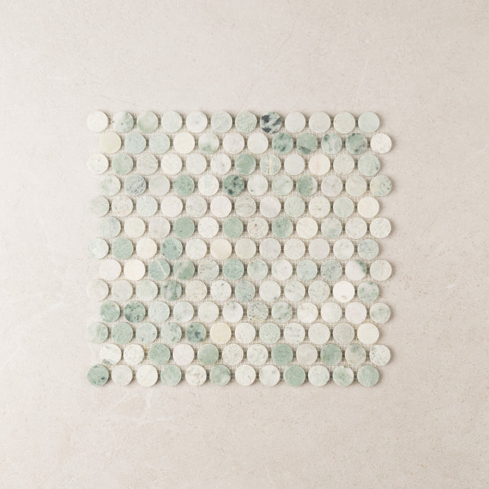 Penny Round Mint Green Marble Mosaic – Honed finish