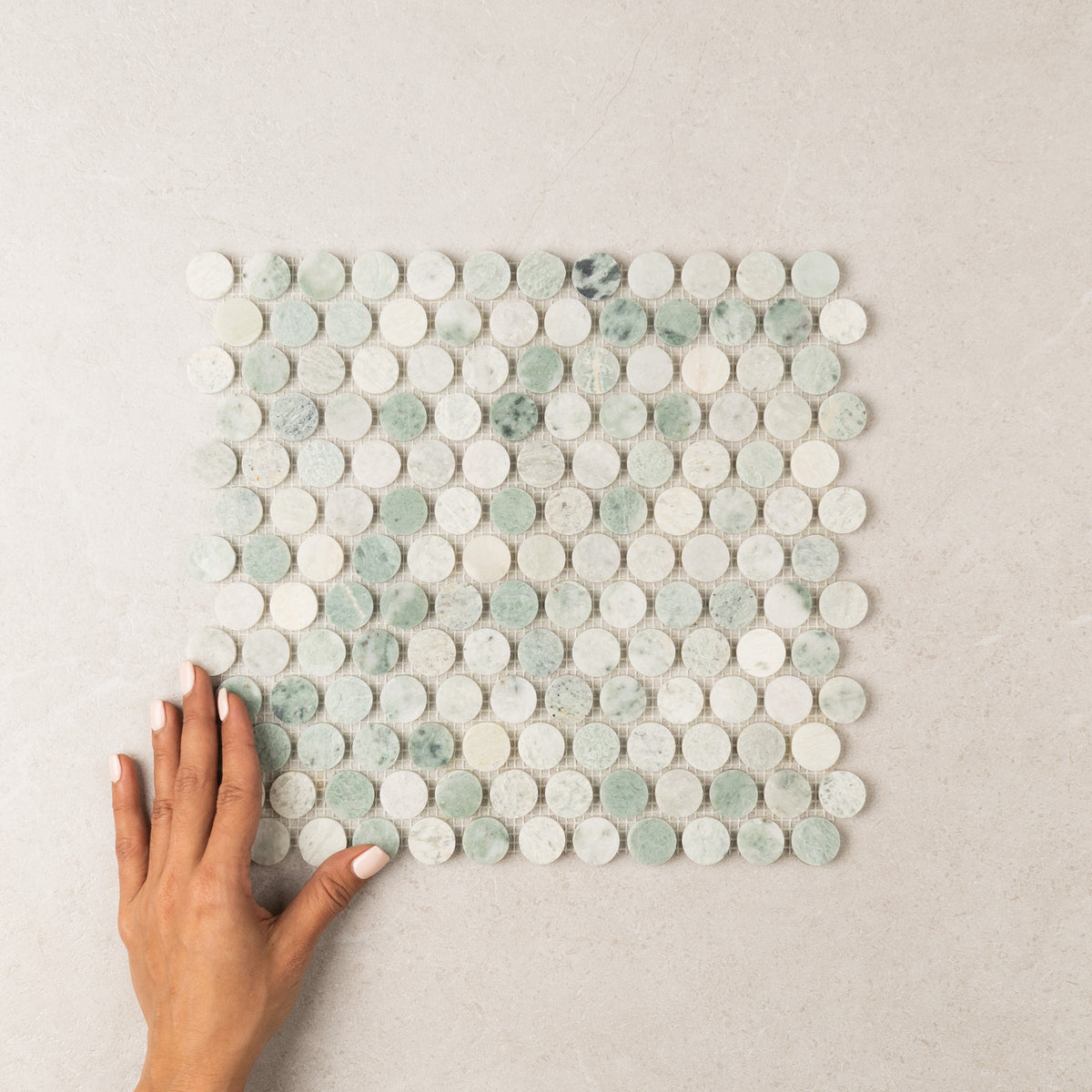 Penny Round Mint Green Marble Mosaic – Honed finish