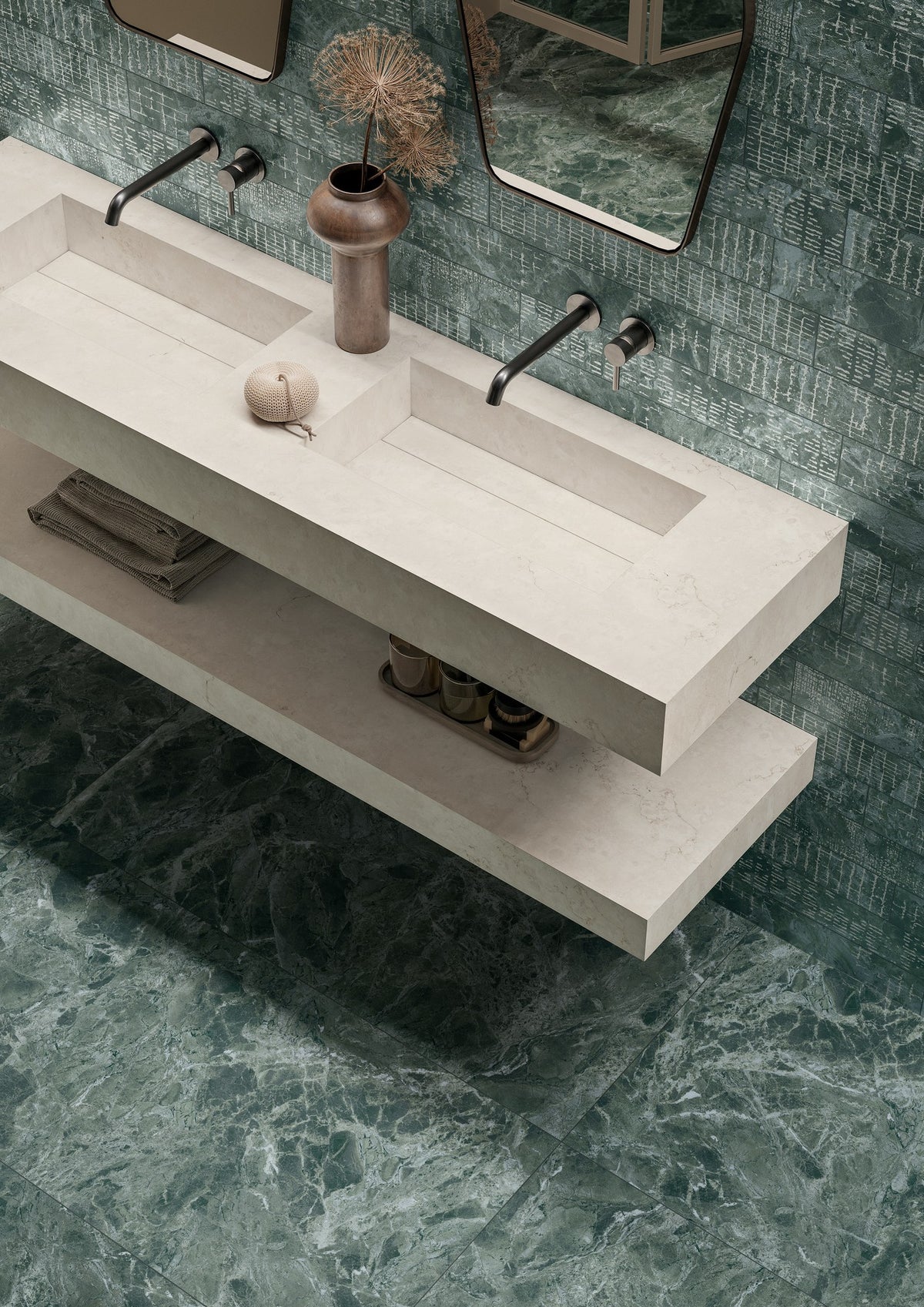 Patina Alpi Verde porcelain floor and walls with an Apulia White vanity, bathroom setting