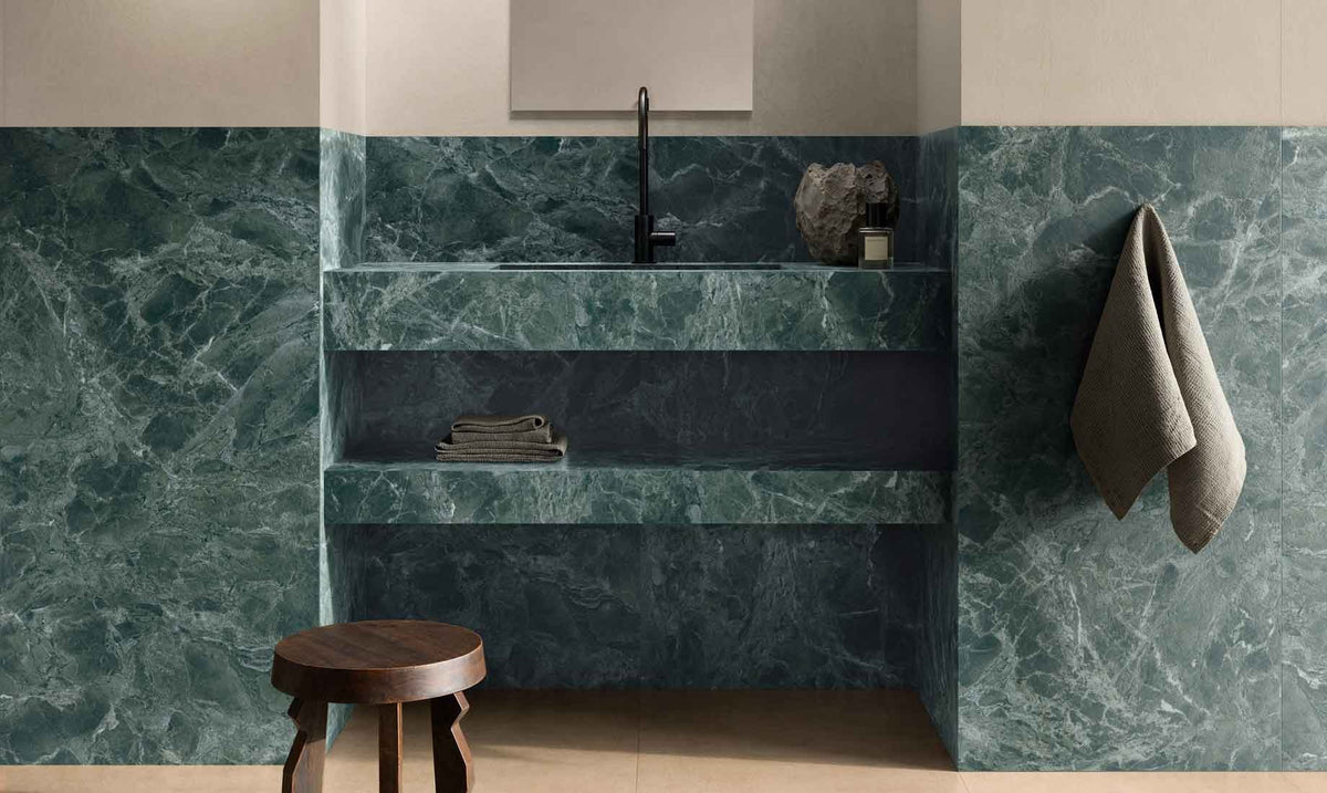Patina Alpi Verde porcelain walls and vanity, bathroom setting