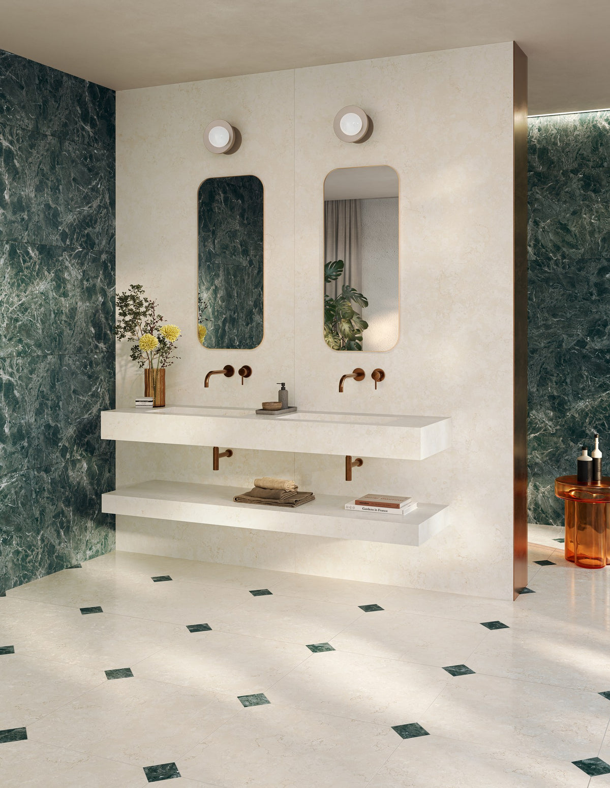 Patina Apulia White porcelain floor with Alpi Verde inserts and walls, bathroom setting