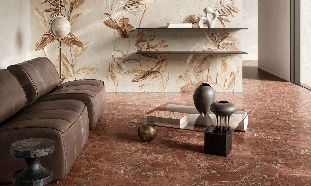 Patina Garnet Red porcelain floor, living room setting