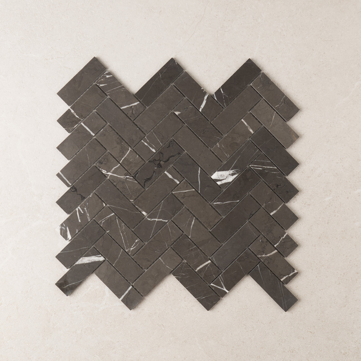 Herringbone Pietra Grey Marble Mosaic in charcoal, Honed finish
