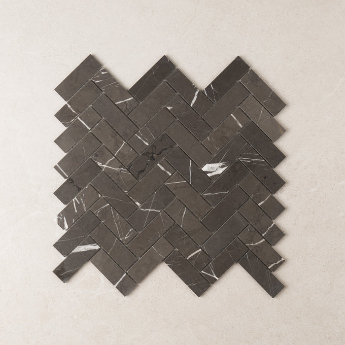 Herringbone Pietra Grey Marble Mosaic in charcoal, Honed finish