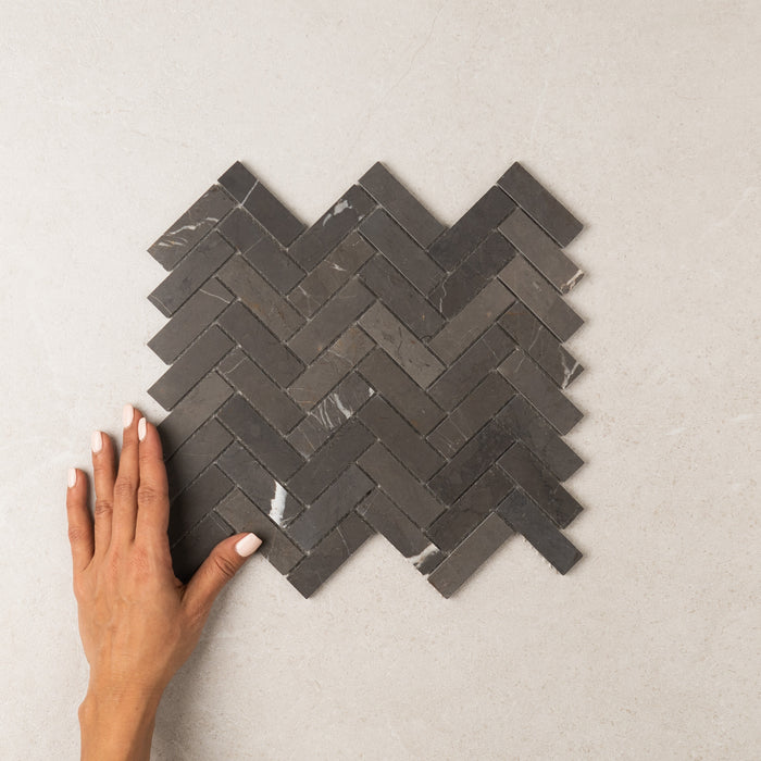 Herringbone Pietra Grey Marble Mosaic in charcoal, Honed finish
