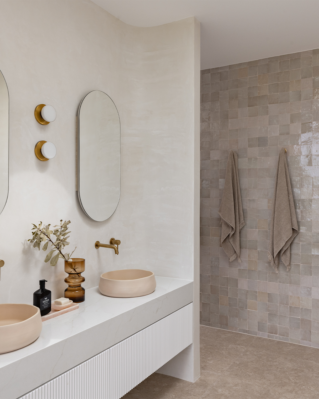 Nood Co Mill Concrete Basin in Nood, installed in a finished bathroom