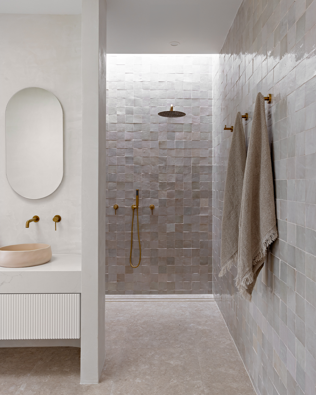 Nood Co Mill Concrete Basin in Nood, installed in a finished bathroom