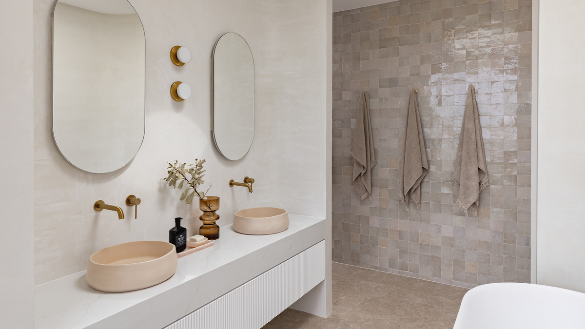 Nood Co Mill Concrete Basin in Nood, installed in a finished bathroom