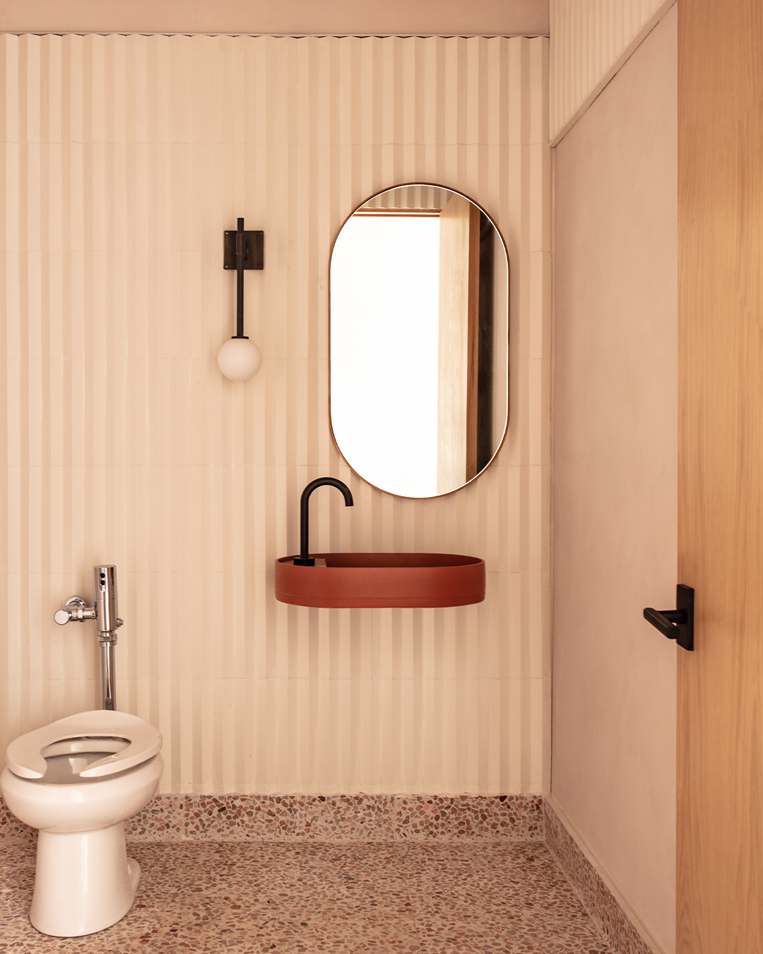 Nood Co Shelf Oval Concrete Basin in Musk, installed in a finished bathroom (2)