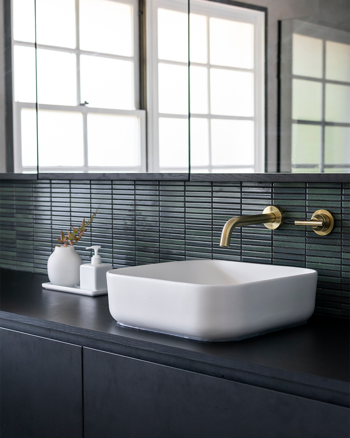 Nood Co Cube Concrete Basin in Ivory, installed in a finished bathroom #Colour_Ivory