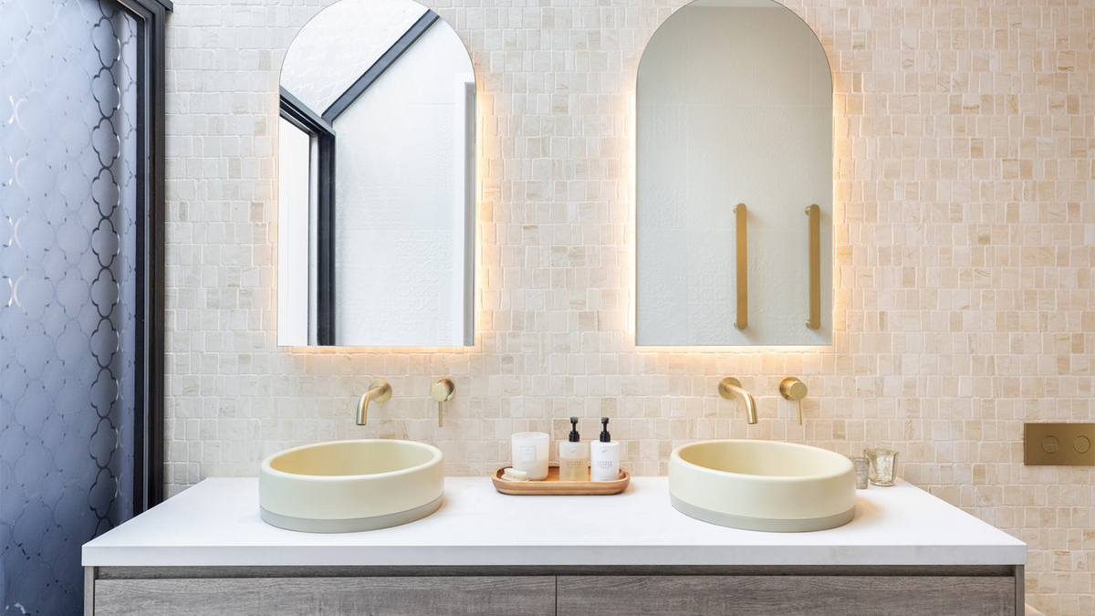 Nood Co Cylinder Bowl Two Tone Concrete Basin installed in a finished bathroom (3)