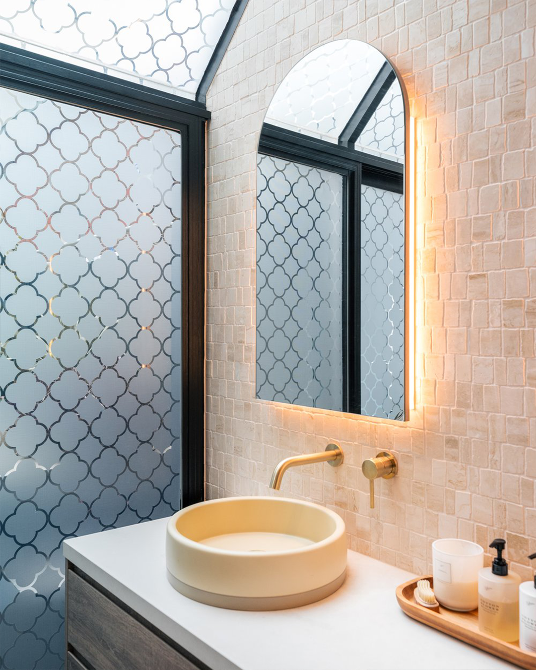 Nood Co Cylinder Bowl Two Tone Concrete Basin in Custard, installed in a finished bathroom
