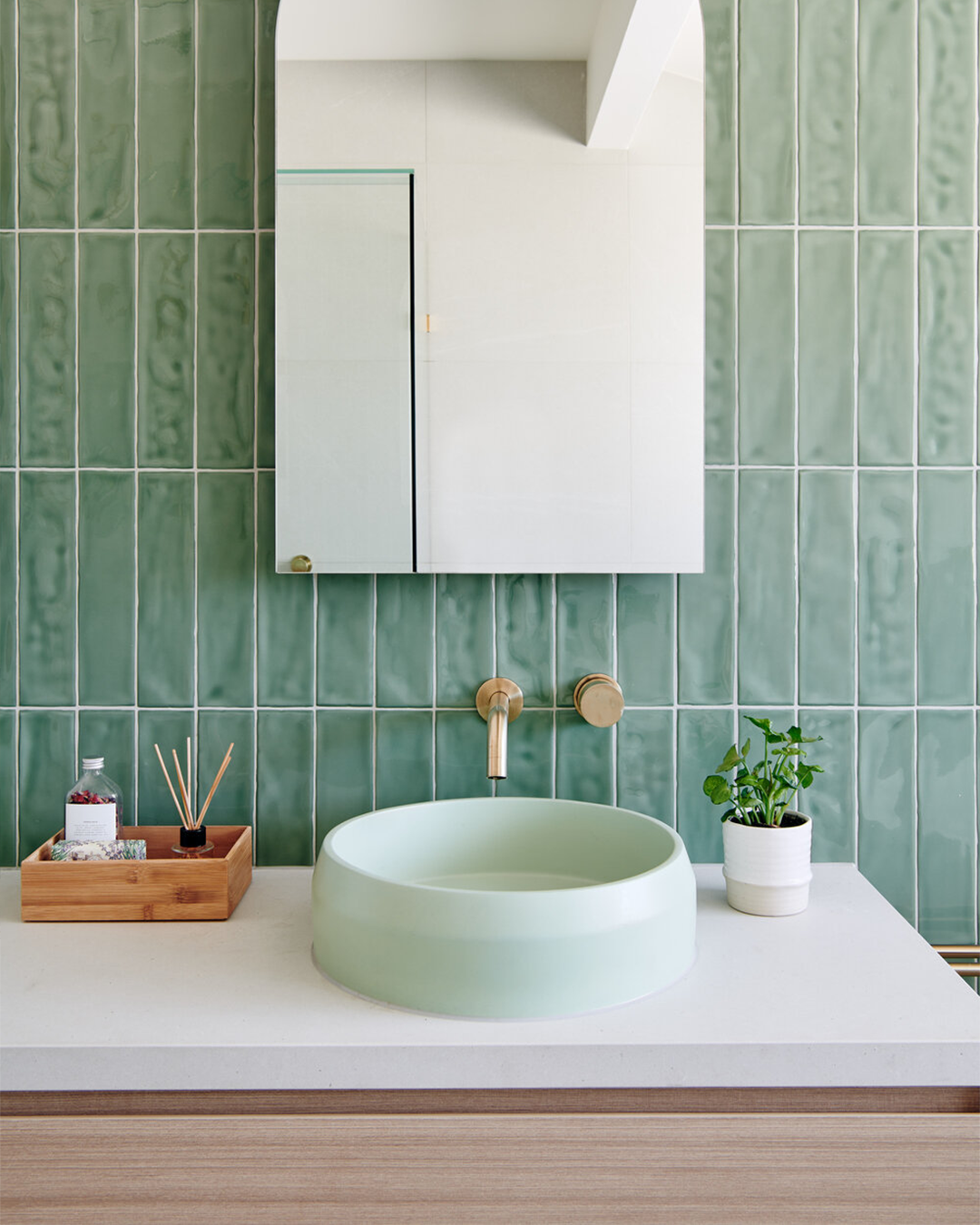 Nood Co Funl Concrete Basin in Mint, installed in a finished bathroom (2)