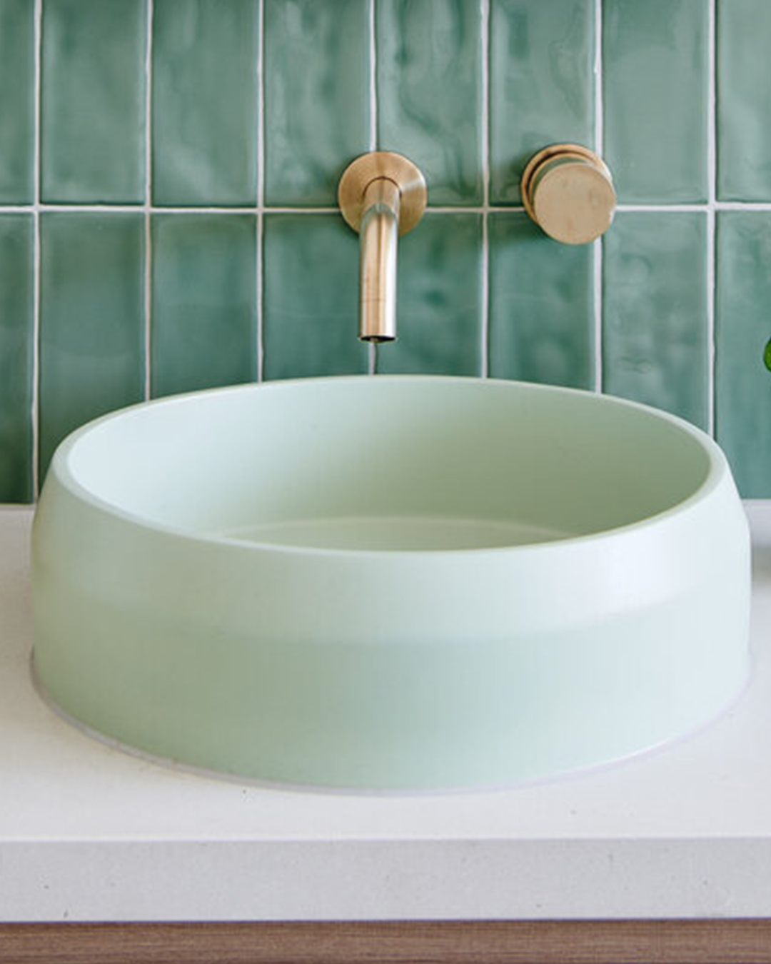 Nood Co Funl Concrete Basin in Mint, installed in a finished bathroom